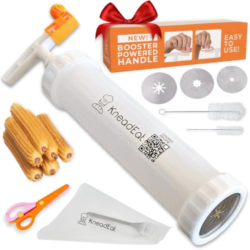 KneadEat Churro Maker Kit mit Booster-betriebenem Griff Churrera Spritzbeutel Churro-Filler und Schere Einfacher QR-Rezept zum Zubereiten und Befüllen eigener Churros zu Hause - Cookie Churro Maker (3