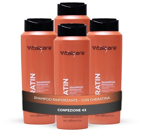 Vitalcare | Keratin stärkendes Shampoo, reinigt sanft sprödes und strapaziertes Haar, mit Keratin und Arginin, 4 x 500 ml