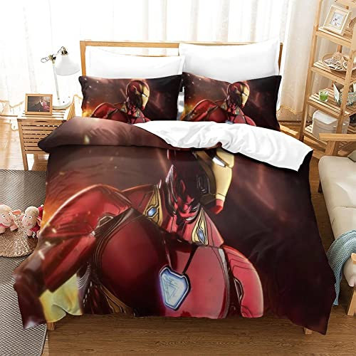 Gerrit Bedding Single Bed Set Iron Man Printed Single Size Bedding Sets Super Soft Microfiber Duvet Covers with Zipper with Pillowcases Hypoallergenic for Kids Teenagers Adult Aged Bedding