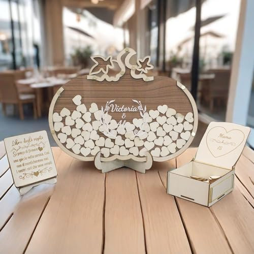 AIFLM Livre d'or en bois personnalisé pour mariage Livre d'or alternatif pour citrouille Livre d'or pour réception de mariage avec 50-100 cœurs Décoration de mariage unique Panneau de bienvenue