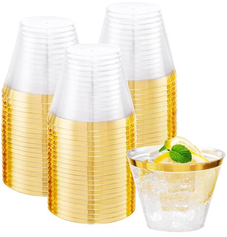 ZkateTrade 50 Piezas Vasos de Plástico Duro Transparente con Borde Dorado, 270ml Vasos Plastico duro Reutilizables Resistentes y Reutilizables para Bodas, Cumpleaños, Navidad, Fiestas