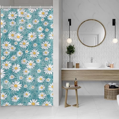 ASDCXZ Rideau de douche à fleurs, 120 x 180 cm, printemps, été, blanc, jaune, marguerite, fleurs bleues, lavable, étroit, en polyester, textile, imperméable, pour baignoire, avec 8 crochets