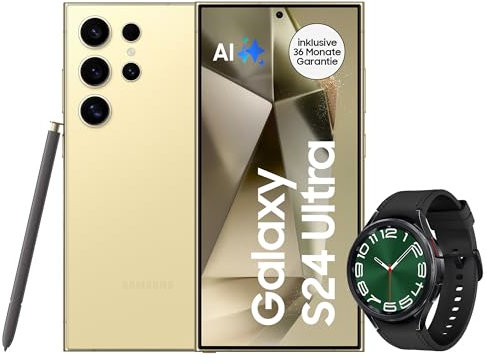 Samsung Galaxy S24 Ultra AI Smartphone, Android-Handy ohne Vertrag, 12GB RAM/512GB Speicher, 200MP-Kamera, S Pen, Lange Akkulaufzeit, Titanium Yellow + Galaxy Watch6 Classic Smartwatch, 47 mm, Schwarz