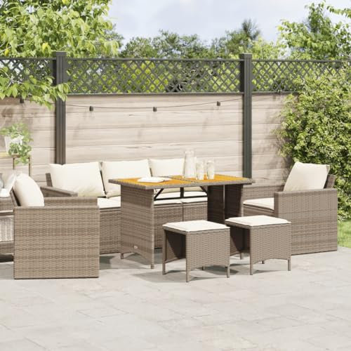 Willood 6 TLG. Rattanmöbel Gartenbank Rattan Garten Sitzgruppe Gartenlounge Gartenmöbel Set Sofagarnitur mit Kissen Beige und Cremeweiß Holz Tisch