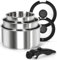 MICHELANGELO Stainless Steel Pot Set with Removable Handle, 6Pcs Stainless Steel Saucepan Set with Lids & Detachable Handle, Triply Base Sauce Pan, Induction Compatible - Black