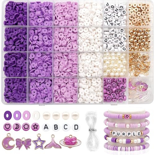 Dotilili 3164 Stück Lila Polymer Clay Perlen Set, 6mm Heishi Perlen Zum Auffädeln Armbänder Selber Machen Set mit Buchstaben Anhänger Perlenset für Armbänder Halskette Ohrringe Schmuck (Lila)