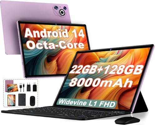 Dghrti Tablet 10 Zoll Android 14, 22GB RAM 128GB ROM/TF 1TB, Octa-Core Prozessor, 8000mAh, BT5.0, 8MP+5MP, Dual WLAN, Face ID, Widevine L1, Augenschutz, Tablet mit Tastatur & Maus Metallkörper, Lila