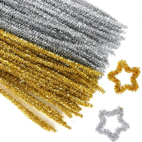 Pfeifenputzer Bunt Zum Basteln, Glitzer Pfeifenreiniger, 100 Stück Chenilledraht 30CM, Pipe Cleaner Gold und Silber, Pfeifenreiniger Bastelzubehör, für Kinder Zum Basteln und Dekorieren
