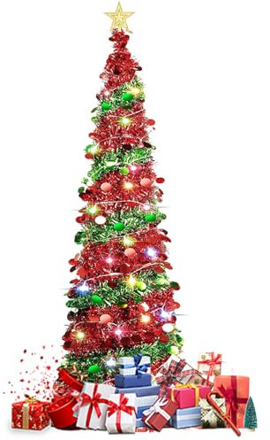 Weihnachtsbaum Künstlich,1,5m Künstlicher Weihnachtsbaum mit 50 LEDs und Stern Spitze,Pop Up Spiral Weihnachtsbaum Künstlicher Tannenbaum Christbaum Dekobaum für Wohnung,Veranda (Pailletten)