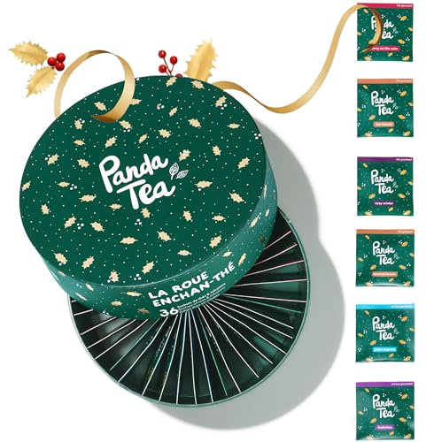 Panda Tea - Coffret La Roue Enchan-Thé 36 Sachets - Cadeau Thé Bio de Noël - Assortiment de 6 Infusions Hiver - Noir, Menthe Poivrée, Rooibos & Camomille - Idée Cadeau à Offrir