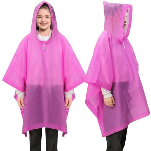 ANYOO Poncho Antipioggia per Bambini, Confezione da 2 Impermeabili Leggero Unisex in PEVA con Cappuccio per Ragazzi e Ragazze di Altezza 100-150 cm, Rosa