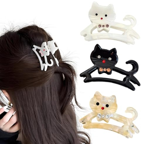 3 pinzas para el pelo de gato, lindas pinzas pequeñas para el pelo para mujeres y niñas, bonitas pinzas huecas para el pelo fino o medio, pinzas antideslizantes (negro, blanco, flor de arroz)