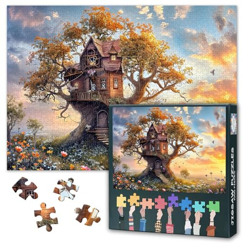1000 Pieces Whimsical Tree House Jigsaw Puzzles Spectacular Landscape Challenge and Fun Puzzle for Adults Family Decompression Jigsaw Puzzle Floral Wall Art Decor 27.5x19.7