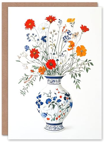 Artery8 Greeting Card Colourful Wildflower Bouquet Floral Pattern Vase For Her Woman Birthday Card