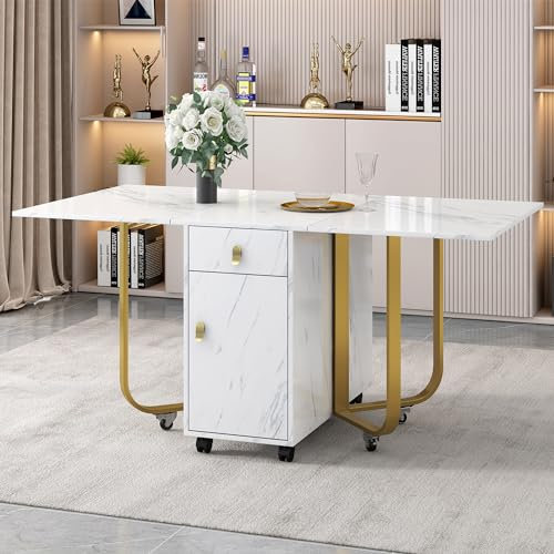 Merax Table à Manger Pliante avec Rangement – 2 Tiroirs, Table de Cuisine Polyvalente avec roulettes, Plateau Effet Marbre, Pieds Métalliques Dorés – Gain de Place 150x80x76cm