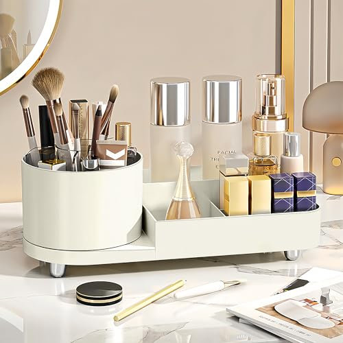 Lacusmall 360° Drehbar Make up Organisator, 2-in-1 Kosmetischer Organizer,Multifunktionale Kosmetikaufbewahrung für Frisiertisch, Bad und Schlafzimmer(Creme)