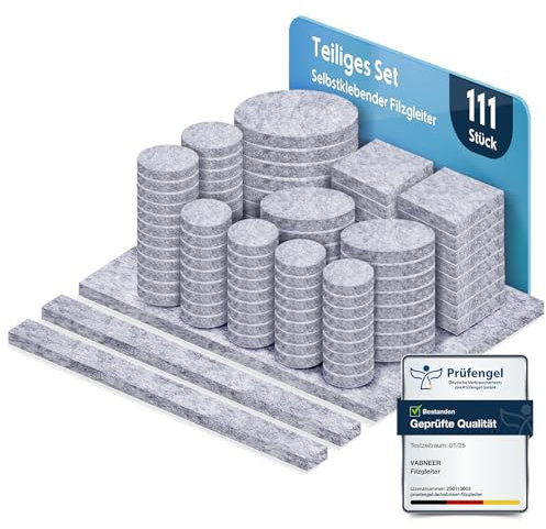 VABNEER Feltrini sedie autoadesivi - 111 pezzi EXTRA RESISTENTI da 5mm per proteggere pavimenti e mobili - Rotondi/quadrati, ammortizzatori premium antirumore e antigraffio (grigio)