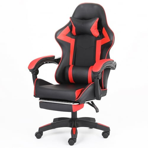 ADOV Gaming Chair with Footrest and Lumbar Pillow, Ergonomic 90°–140° Recliner Gaming Chair for Adults, Comfortable Armrests, High Back PU Leather PC Gamer Chairs with Headrest Support (Black/Red)