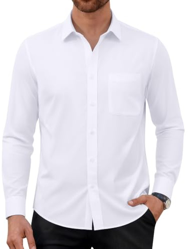 Alimens & Gentle Hemd Herren Bügelfrei Langärmlig Freizeithemd Einfarbig Stretch Deckendes Anzughemd Klassisch Business Hemden Weiß 2XL