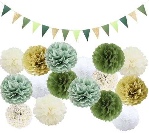 TYXHXTF 16Pcs Pompones de Papel Verde Salvia, Pompons Papier de Soie, Banderitas Decorativas, Flores de Papel Decoracion para Boda, Bautizo Niña Niño, Fête d'Anniversaire