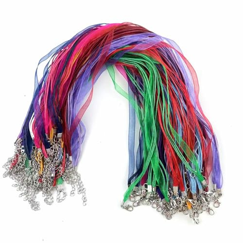Lmlliang 50PCS Mixed Color Organza Ribbon Waxed Necklaces Cord, 19.7 Necklace Cords with Clasps for DIY Jewelry Making, Pendants and Craft Projects
