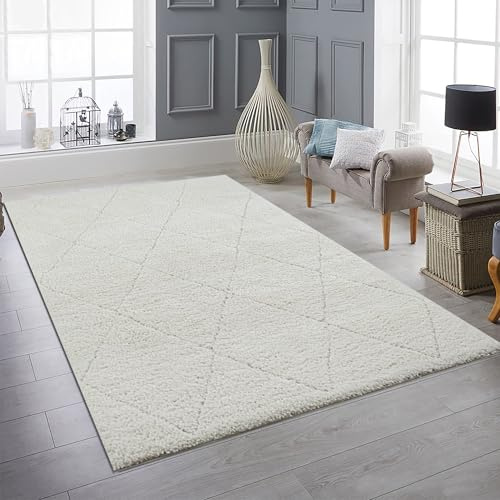 Teppich-Traum Hochflor Teppich Rautenmuster Creme Weich 240x340 cm | Flauschig weich, pflegeleicht, robust, langlebig und OEKO-TEX geprüft, für Wohnzimmer, Schlafzimmer & Ankleide