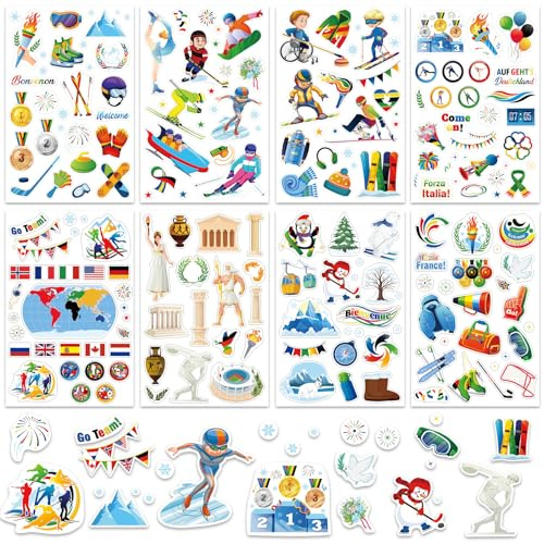 DPKOW 24 x Wintersport Sticker zum Basteln Scrapbooking Bullet Journal, DIY Aufkleber für Wintersport Party Deko, Medaillen Fackel Flaggen Sportler Sticker Schneeflocken Skifahren Rodeln