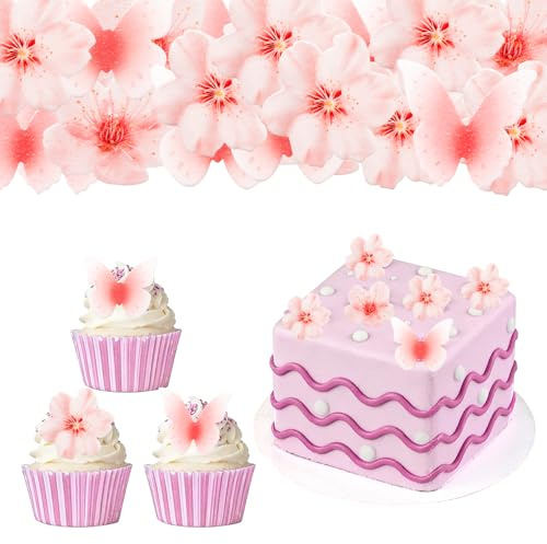 ALEGRE Blumen Schmetterling Tortendeko Essbar,48 Stück Essbare Schmetterlinge für Torte Rosa,Esspapier Schmetterlinge Kuchen Deko,Schmetterling Cupcake Deko Essbar,Tortendeko Geburtstag Hochzeit Taufe