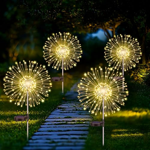 Blakapoo Gartendeko Solar Gartenleuchte Außen, 150 LEDs Feuerwerk Solarleuchten 4 Stück, 8 Modi Wasserdicht Solarlichter Pusteblume, für Hinterhof Weg Rasen Terrasse Außen Balkon Deko