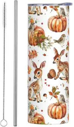 Mexpekil Isolierter Becher mit Strohhalm und Deckel, Edelstahl, Eiskaffeetasse, Hirsch, Herbstblatt, auslaufsicher, Reisebecher, Thermo-Wasserflasche, Geschenk für Damen und Herren, 590 ml