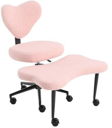 PansyWind Ergonomischer Meditationsstuhl mit Höhenverstellbarem Sitz | Kniestuhl mit Herzförmiger Rückenlehne und 360° Drehbare Rollen (Rosa)