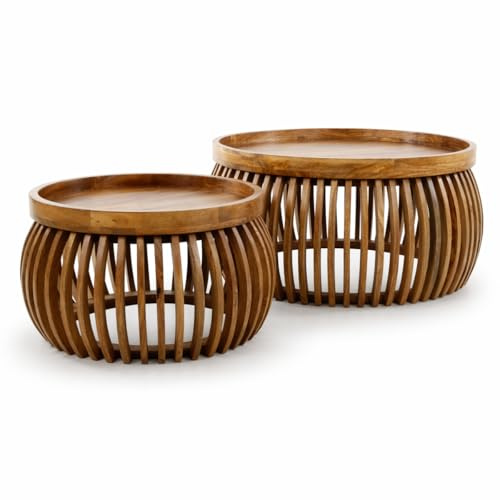 Liadomo Couchtisch rund, 2er Set, Laos, 60/80cm, Holz | Mangoholz massiv, braun, runde Tischplatte, Holzstreben, erhöhter Rand, zwei Tische im Set