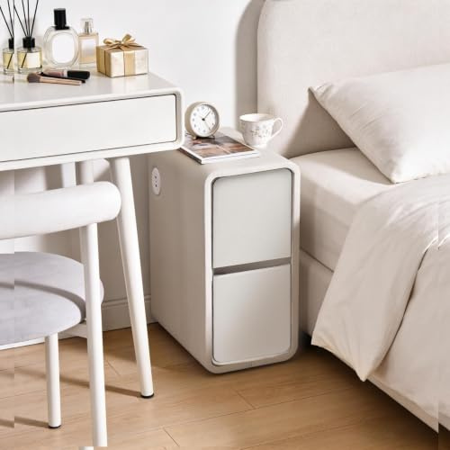 Generisch Nachttisch schmal - Beistelltisch mit 2 Schubladen, Nachttisch Holz mit 2 Ladestation, Fertig Montiert, Kunstleder, Ideal für Schlafzimmer, Wohnzimmer, Wohnheim oder Flur, 20 cm Breit(weiß)