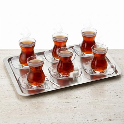 Queensway Home & Dining 145ml Turkish Tea Glass Set, 6 Cups & Saucers | DANTEL, Traditional Tulip Shape, Matching Saucers, Decorative Serving Plate, Clear, Hot Drink Suitable, Cup 6Dx6Wx9.5Hcm