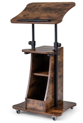 FANTASK Stehpult höhenverstellbar, 50 x 40 x 72–112 cm, mobiler Rednerpult mit neigbarer Tischplatte & offenen Fächern, Rednerpultständer zum Stehen & Sitzen, Stehtisch auf Rollen für Büro (Braun)