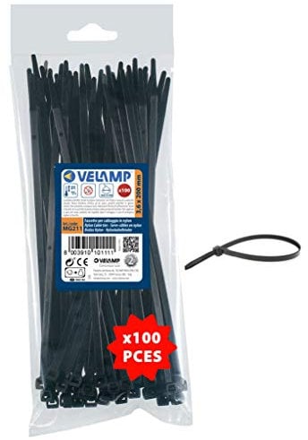 Velamp MG211 Kit de 100 Bridas Abrazadera para Cables de 3.6 x 200 mm, Nylon 6.6, hiperresistente, Negro, 3,6 x 200