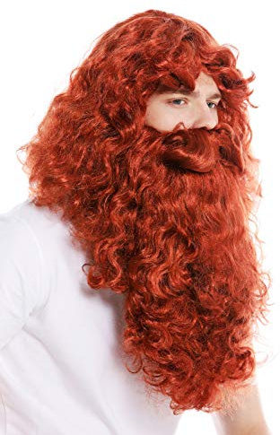 WIG ME UP - 46-A+B-ZA131 Perücke und Bart Set Deluxe Knecht Ruprecht Prophet Einsiedler Eremit Magier Rot Dunkelrot