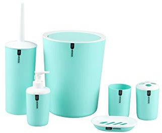Gabz New Elegant 6 PC Bathroom Accessories Set | Colourful Plastic Toothbrush Holder Rinse Cup Toilet Brush Dustbin Soap Dish & Liquid Soap/Lotion Dispenser (Green)