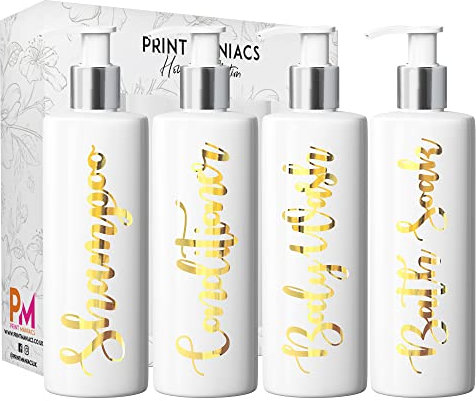 Print Maniacs Mrs Hinch Inspired White Personalised Pump Bottles Bathroom Kitchen Set Shampoo Conditioner (Gold)