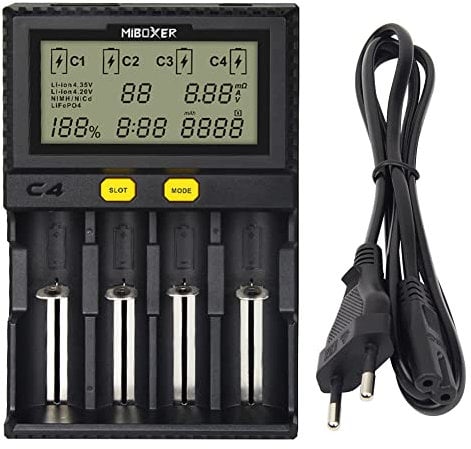LGIDTECH C4 MiBOXER 18650 Akkuladegerät 4 Slot mit Autoladeanschluss LCD Display für AA AAA C 26650 16340 18500 18350 17670 RCR123 Li-ion/IMR/INR/ICR/NI-MH/NI-Cd/LiFePO4 Akkus