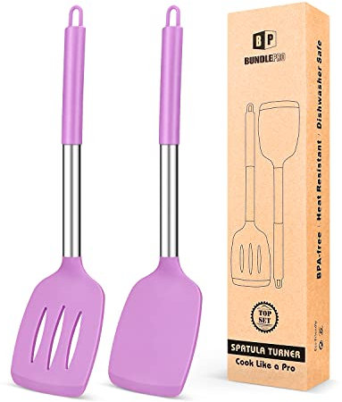 Lot de 2 spatules de cuisine solides en silicone, anti-adhésives, résistantes à la chaleur, sans BPA, idéales pour poissons, œufs, crêpes (violet)