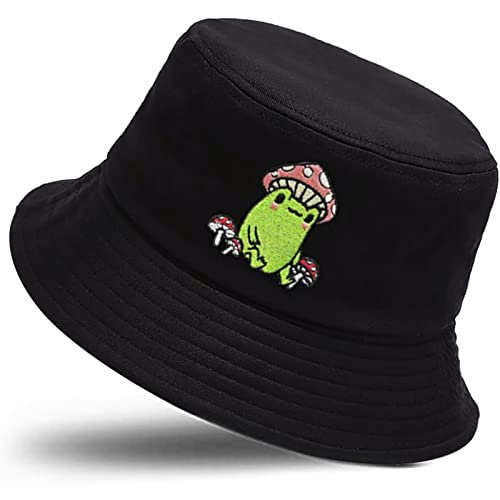 XYIYI Baumwolle Frosch Pilz Schwarz Bucket Hat Süß Fischerhüte Sonnenhut Für Damen Mädchen