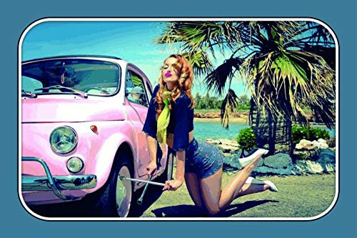 DekoDrom® Motiv Blechschild 20x30 cm Pin up Girl historisch 50er Jahre sexy Mädchen Erotik Auto Strand Palmen Dekoration Bar Kneipe Sammler