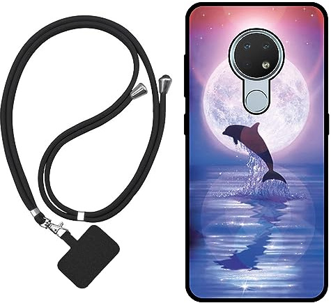 Sunrive Hülle Kompatibel mit Nokia 7.2 Case,matt Handyhülle Schutzhülle Etui Karikatur Muster TPU Backcover (Mond,Delphine,Meer) +1x Universale Handykette MEHRWEG