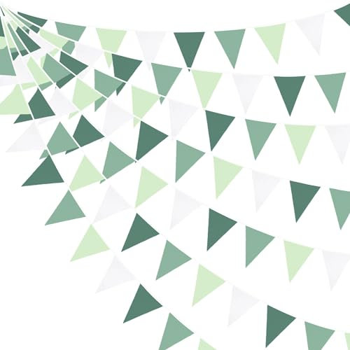 32Ft Salbeigrüne Partydekorationen Avocadogrüne Dreiecksflagge Stoffbanner Wimpelkette Girlande Luftschlangen für Geburtstag Hochzeit Babyparty Dschungel Safari Sommer Golf Weihnachten Partydekoration