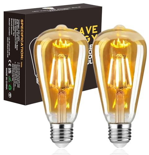 Woowtt Edison Led Bulbs E27, 4W Vintage Screw Light Bulb Warm White 2700K, Dimmable ST64 LED Filament Bulb 40W Equivalent, Retro Style Amber Glass Screw Lamp, 400LM, Pack of 2