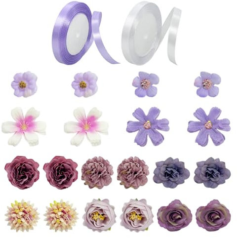 ZBHDEYG 20 fiori viola, 2 rotoli di nastro, fiori artificiali decorativi, fatti a mano, fiori artificiali fai da te, con diverse categorie, fiori decorativi per la casa