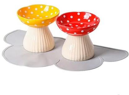 2 cuencos elevados de cerámica para gatos con almohadilla protectora antideslizante de silicona, juego de cuencos de agua y comida para gatos en forma de hongo, plato elevado para gatos antivómitos,