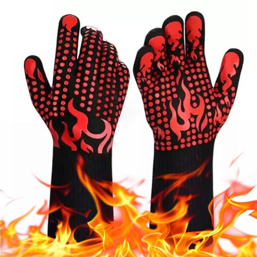 Defresit BBQ Gloves, Oven Mitts, 800°C/1472°F Heat Resistant, Silicone Non-Slip, Red