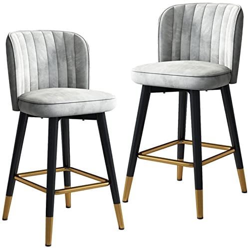 Drehbarer Hochstuhl mit Samt-Rückenlehne, Barhocker, 2 Stück, für Zuhause, Küche, Theke, Empfang, Barhocker mit schwarzen Beinen und goldfarbener Chrom-Fußstütze (Größe: 75 cm, Farbe: Grau)